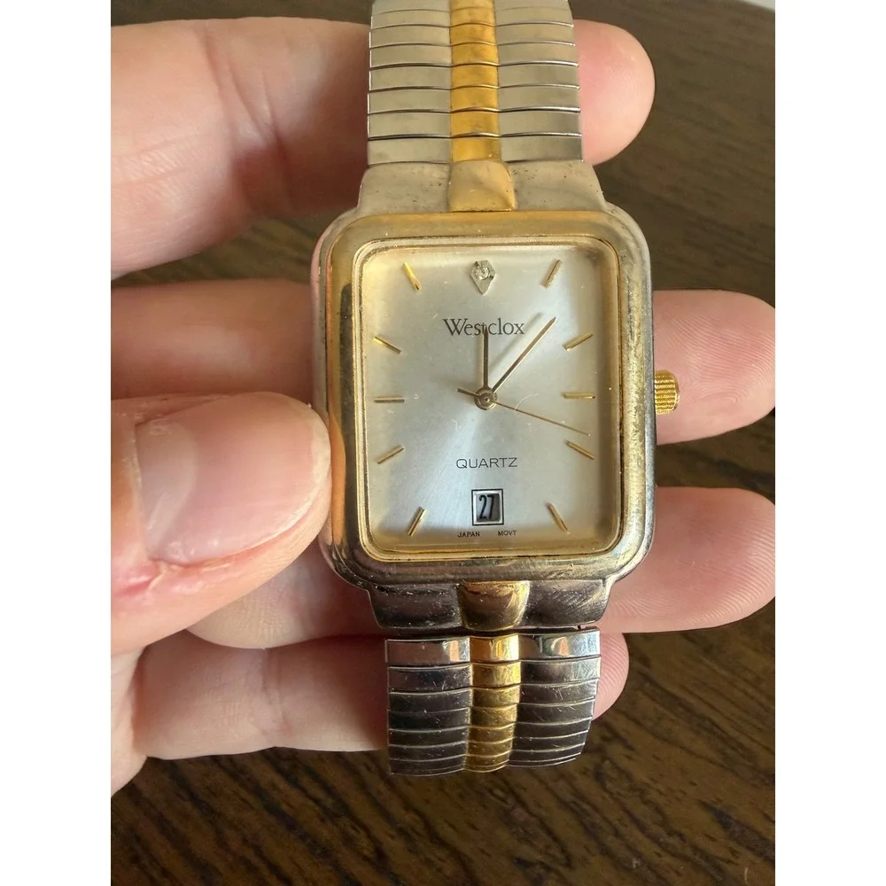 Westclox Watch Silver Gold Silver Date Rectangle LTX217 Two Tone Quartz